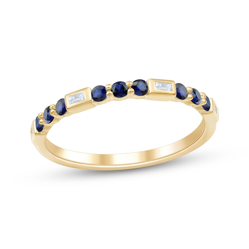 Main Image 1 of Now + Forever Blue Sapphire & Baguette-Cut Diamond Anniversary Ring 1/20 ct tw 10K Yellow Gold