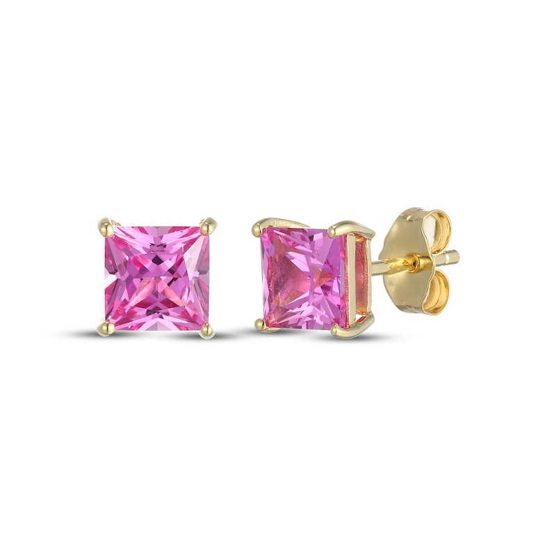 Main Image 1 of STUDIO BY KAY Square-Cut Pink Lab-Created Sapphire Solitaire Stud Earrings 24K Yellow Gold Vermeil Sterling Silver