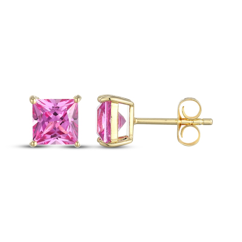 Main Image 3 of STUDIO BY KAY Square-Cut Pink Lab-Created Sapphire Solitaire Stud Earrings 24K Yellow Gold Vermeil Sterling Silver