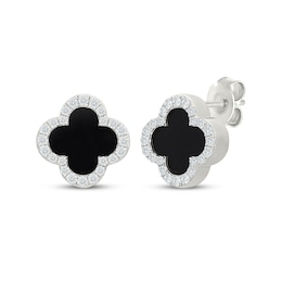 Black Onyx & White Lab-Created Sapphire Clover Stud Earrings Sterling Silver
