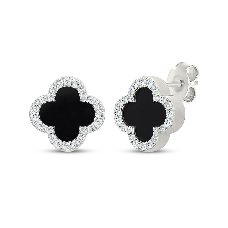 Main Image 1 of Black Onyx & White Lab-Created Sapphire Clover Stud Earrings Sterling Silver