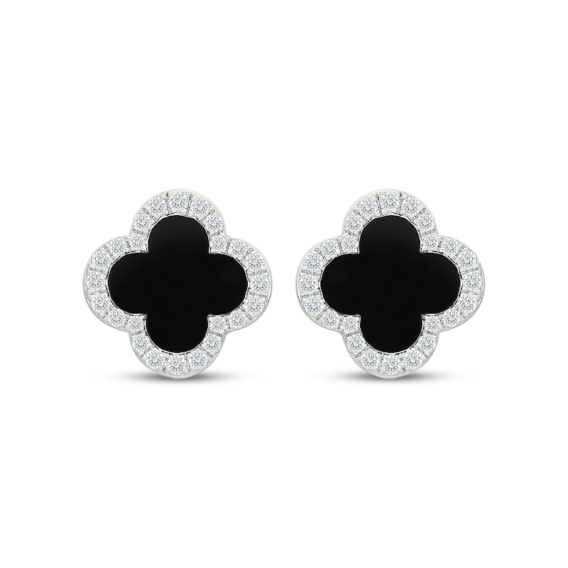 Main Image 2 of Black Onyx & White Lab-Created Sapphire Clover Stud Earrings Sterling Silver