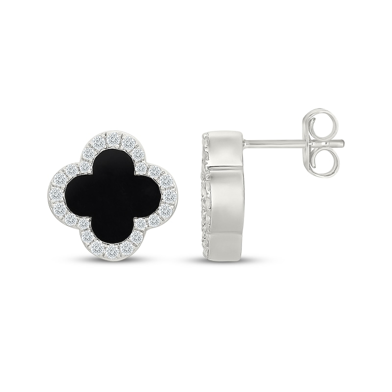 Main Image 3 of Black Onyx & White Lab-Created Sapphire Clover Stud Earrings Sterling Silver