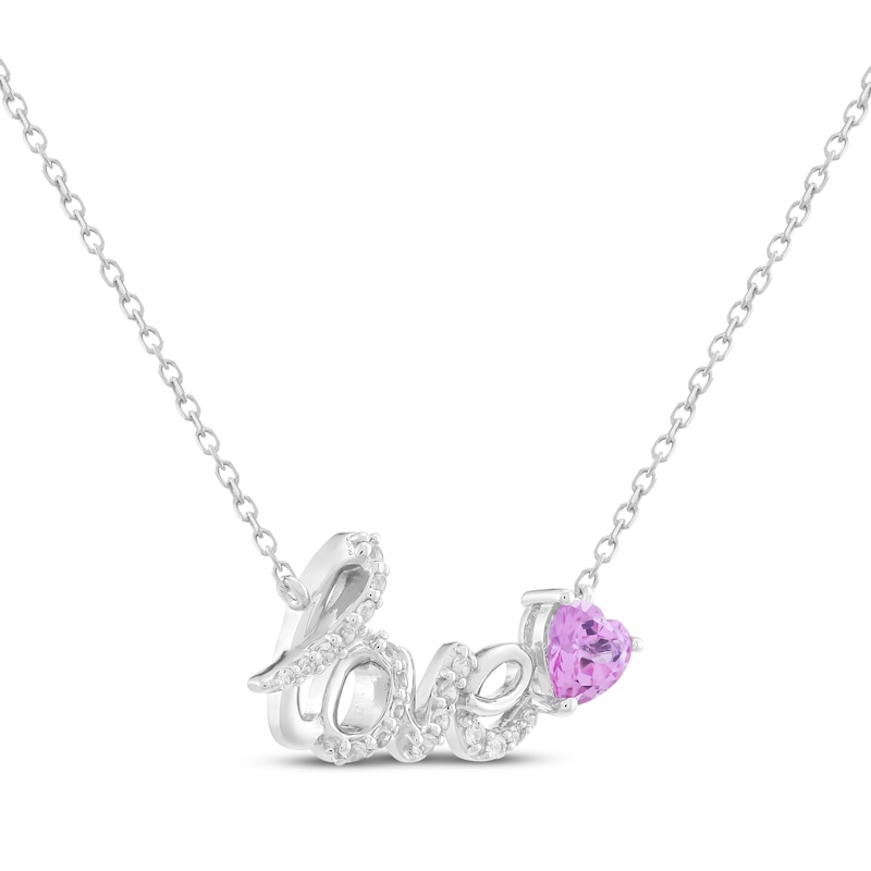 Main Image 2 of Heart-Shaped Pink Lab-Created Sapphire & White Lab-Created Sapphire "Love" Necklace Sterling Silver 18"