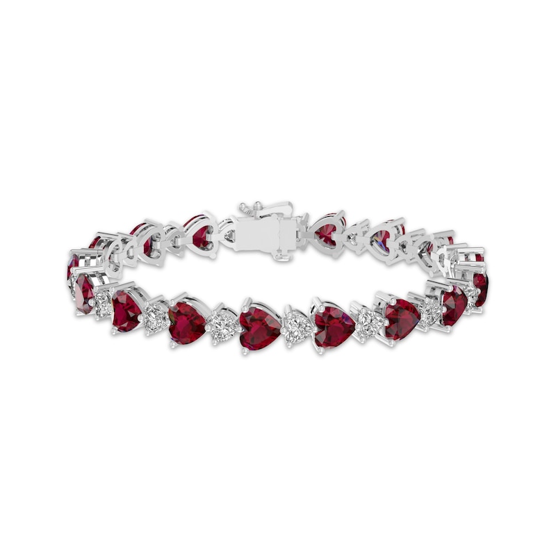 Main Image 1 of Heart-Shaped Garnet & White Lab-Created Sapphire Link Bracelet Sterling Silver 7.25"