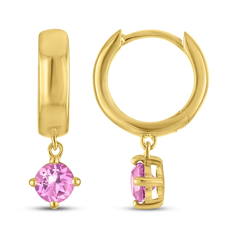 Main Image 3 of STUDIO BY KAY Round-Cut Pink Lab-Created Sapphire Solitaire Hoop Drop Earrings 24K Yellow Gold Vermeil Sterling Silver