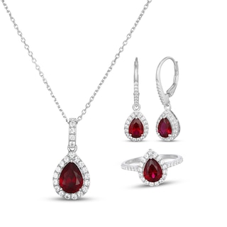 Pear-Shaped Lab-Created Ruby & White Lab-Created Sapphire Necklace, Earrings & Ring Gift Set Sterling Silver
