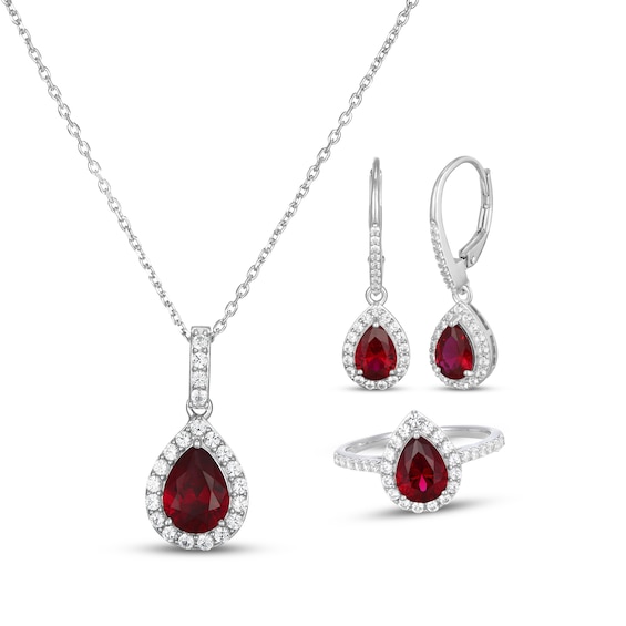 Pear-Shaped Lab-Created Ruby & White Lab-Created Sapphire Necklace, Earrings & Ring Gift Set Sterling Silver