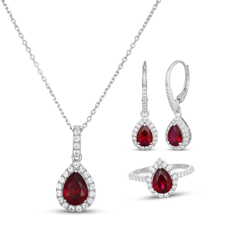 Main Image 1 of Pear-Shaped Lab-Created Ruby & White Lab-Created Sapphire Necklace, Earrings & Ring Gift Set Sterling Silver