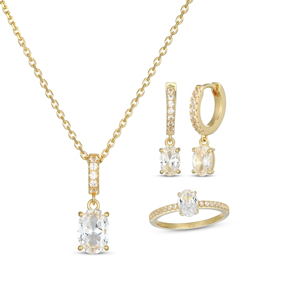 Oval-Cut White Lab-Created Sapphire Necklace, Earrings & Ring Gift Set 18K Yellow Gold-Plated Sterling Silver