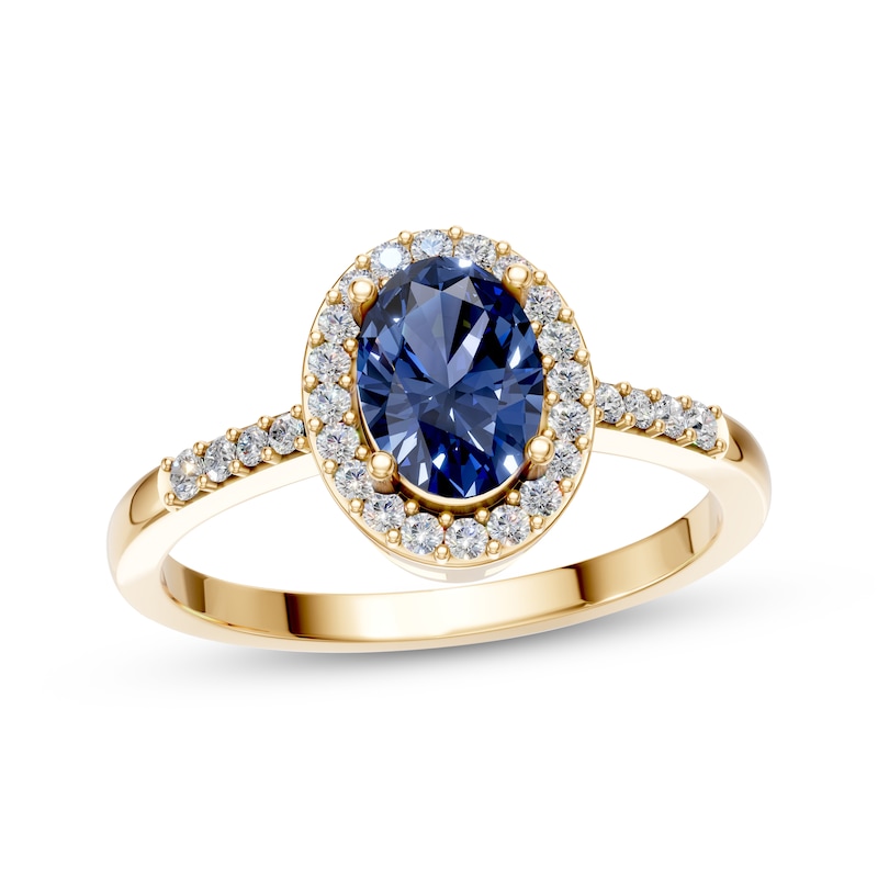 Main Image 1 of KAY Lab-Grown Diamonds & Oval-Cut Natural Sapphire Halo Ring 1/6 ct tw 10K Yellow Gold
