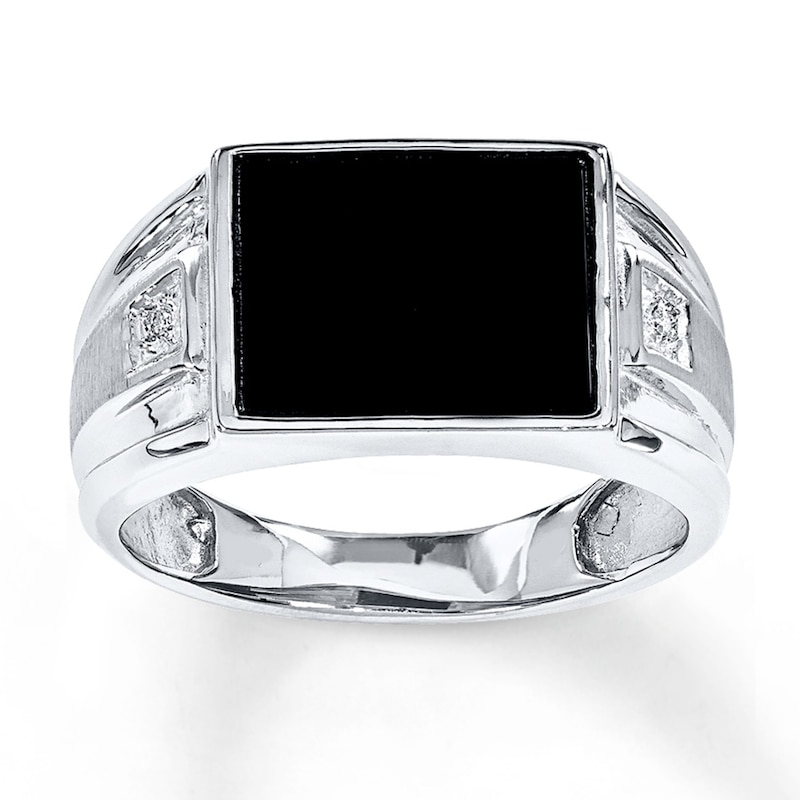 Main Image 1 of Men's Black Onyx Ring Diamond Accents 14K White Gold