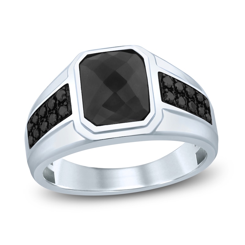 Main Image 1 of Men's Black Onyx & Black Diamond Ring 1/4 ct tw Round-cut 10K White Gold