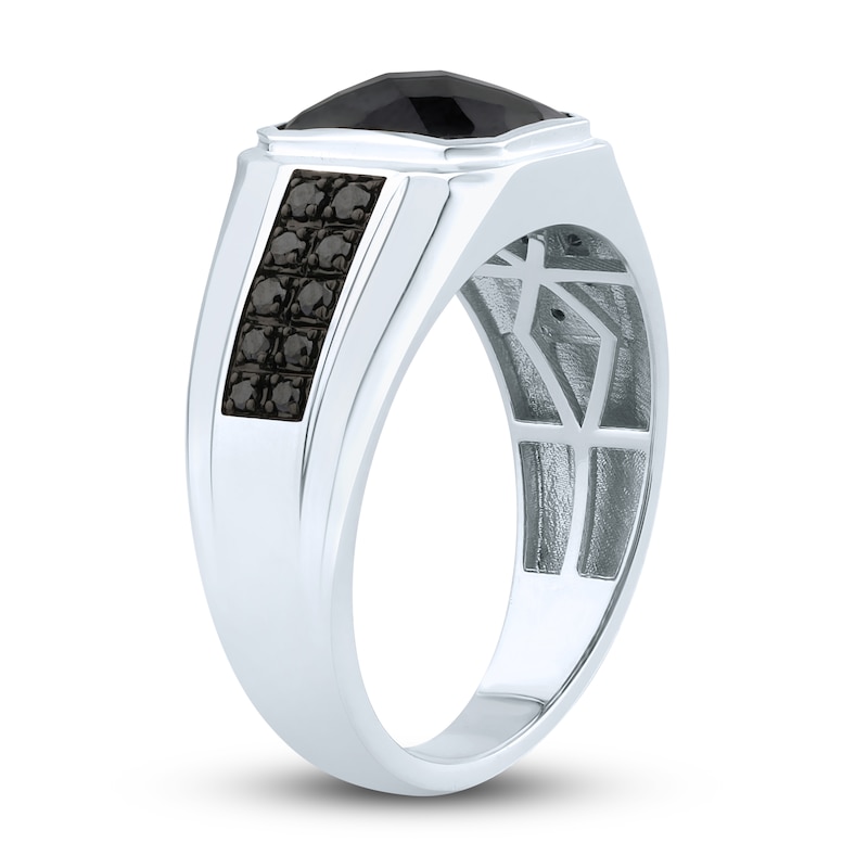 Main Image 2 of Men's Black Onyx & Black Diamond Ring 1/4 ct tw Round-cut 10K White Gold