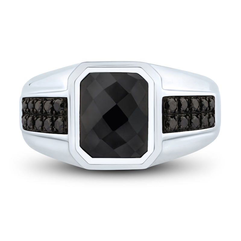 Main Image 3 of Men's Black Onyx & Black Diamond Ring 1/4 ct tw Round-cut 10K White Gold