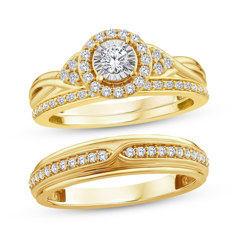 Main Image 1 of Now + Forever His & Hers Round-Cut Diamond Three-Piece Bridal Set 5/8 ct tw 10K Yellow Gold