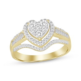 Multi-Diamond Center Heart Frame Engagement Ring 1/2 ct tw 10K Yellow Gold