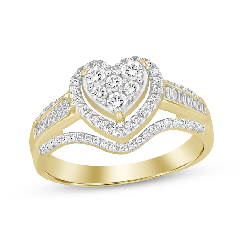 Main Image 1 of Multi-Diamond Center Heart Frame Engagement Ring 1/2 ct tw 10K Yellow Gold
