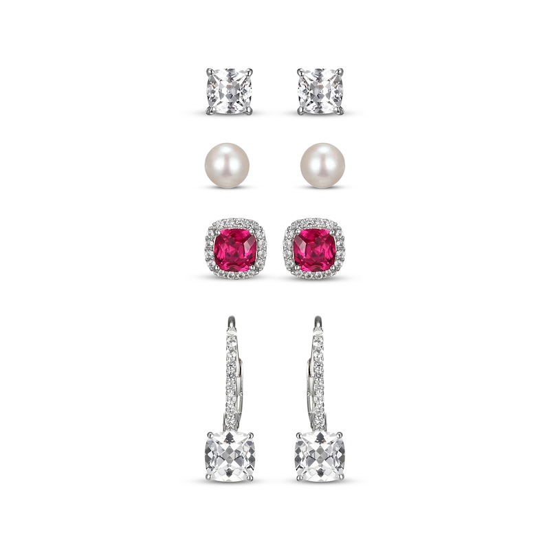 White Lab-Created Sapphire, Lab-Created Ruby & Cultured Pearl Earrings Set Sterling Silver