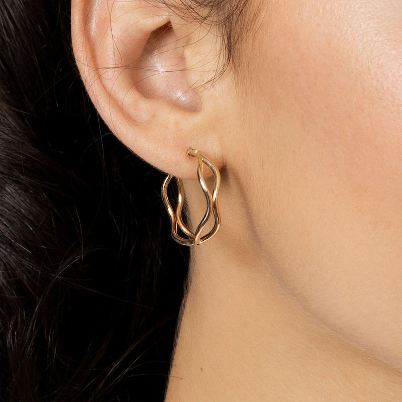 Reaura Wavy Double Hoop Earrings Repurposed 14K Yellow Gold 23mm