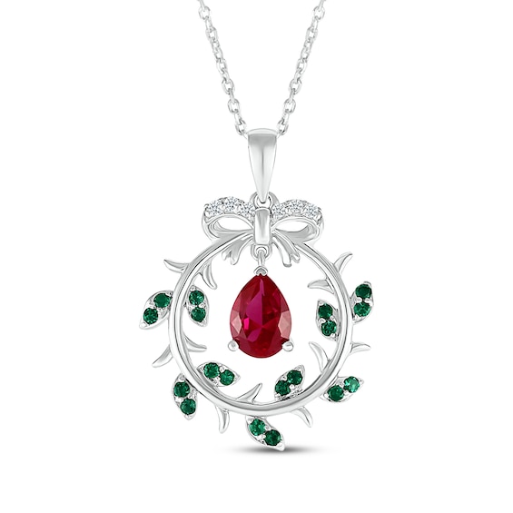Pear-Shaped Lab-Created Ruby, Lab-Created Emerald & White Lab-Created Sapphire Wreath Necklace Sterling Silver 18"