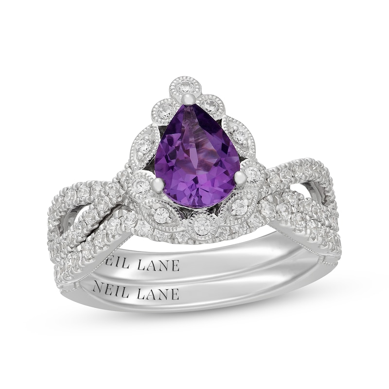 Main Image 1 of Neil Lane Pear-Shaped Amethyst & Diamond Halo Bridal Set 5/8 ct tw 14K White Gold