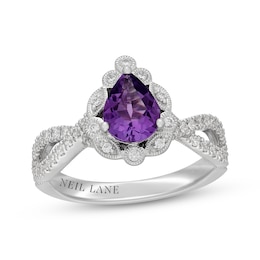 Neil Lane Pear-Shaped Amethyst & Diamond Scalloped Halo Engagement Ring 1/2 ct tw 14K White Gold