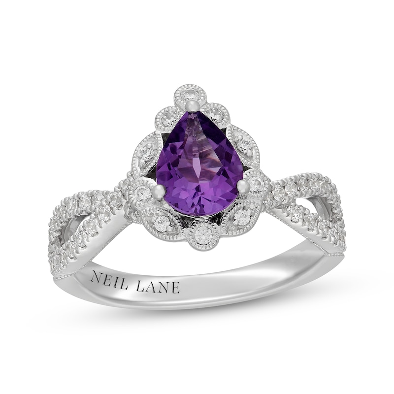 Main Image 1 of Neil Lane Pear-Shaped Amethyst & Diamond Scalloped Halo Engagement Ring 1/2 ct tw 14K White Gold