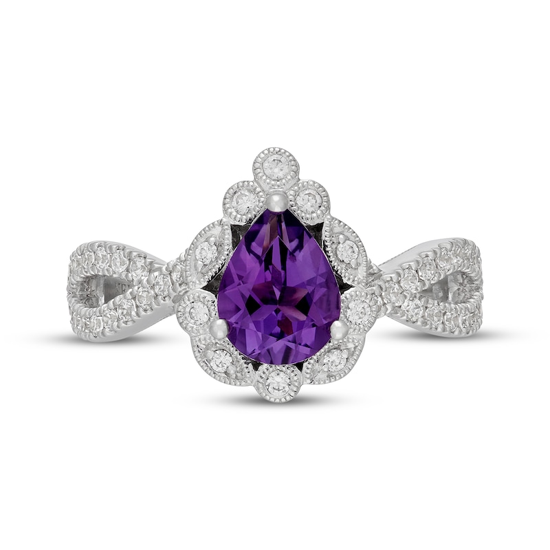 Main Image 3 of Neil Lane Pear-Shaped Amethyst & Diamond Scalloped Halo Engagement Ring 1/2 ct tw 14K White Gold