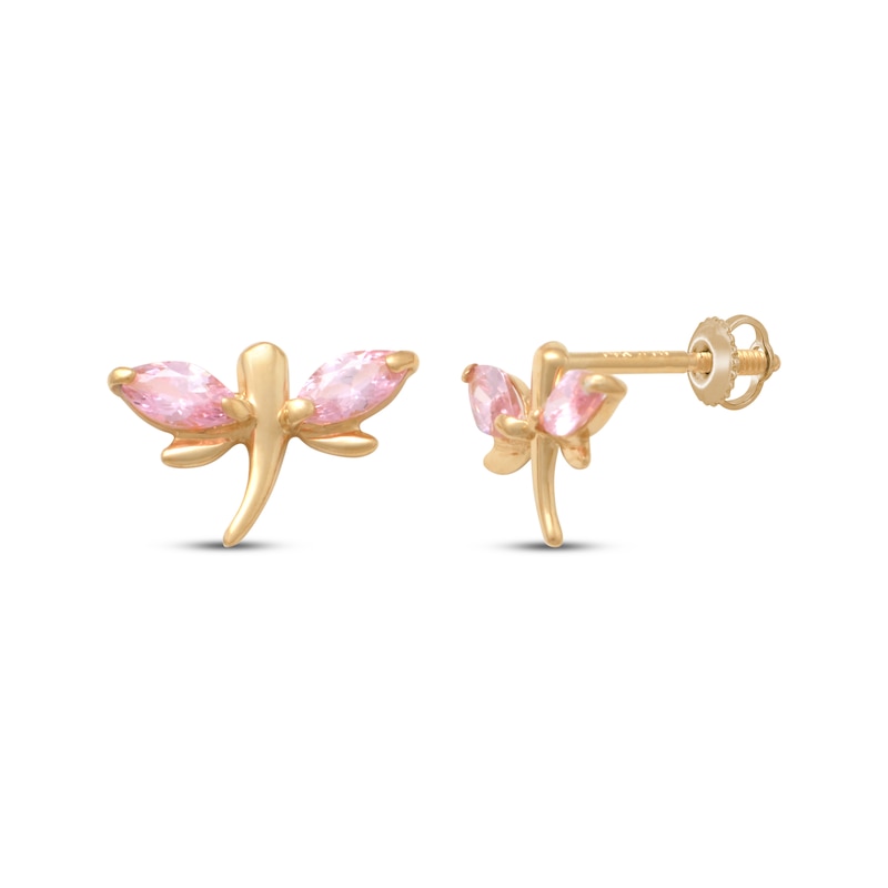 Main Image 1 of Children's Marquise-Cut Pink Cubic Zirconia Dragonfly Stud Earrings 14K Yellow Gold