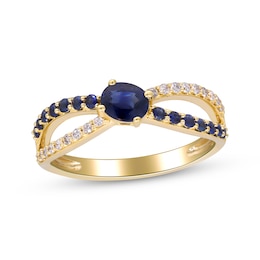 Oval-Cut Natural Blue Sapphire & Diamond Crossover Ring 1/8 ct tw 10K Yellow Gold
