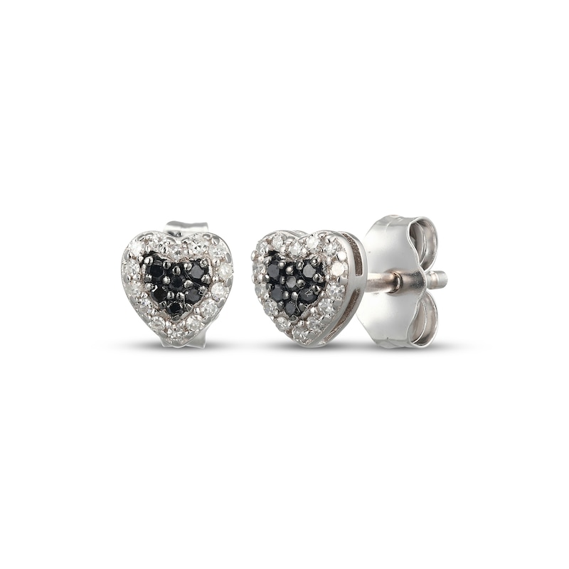 Main Image 1 of Black & White Multi-Diamond Heart Stud Earrings 1/8 ct tw Sterling Silver