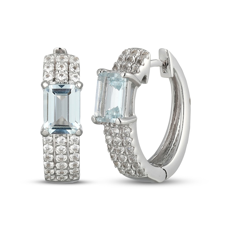 Main Image 1 of Emerald-Cut Aquamarine & White Lab-Created Sapphire Huggie Hoop Earrings Sterling Silver