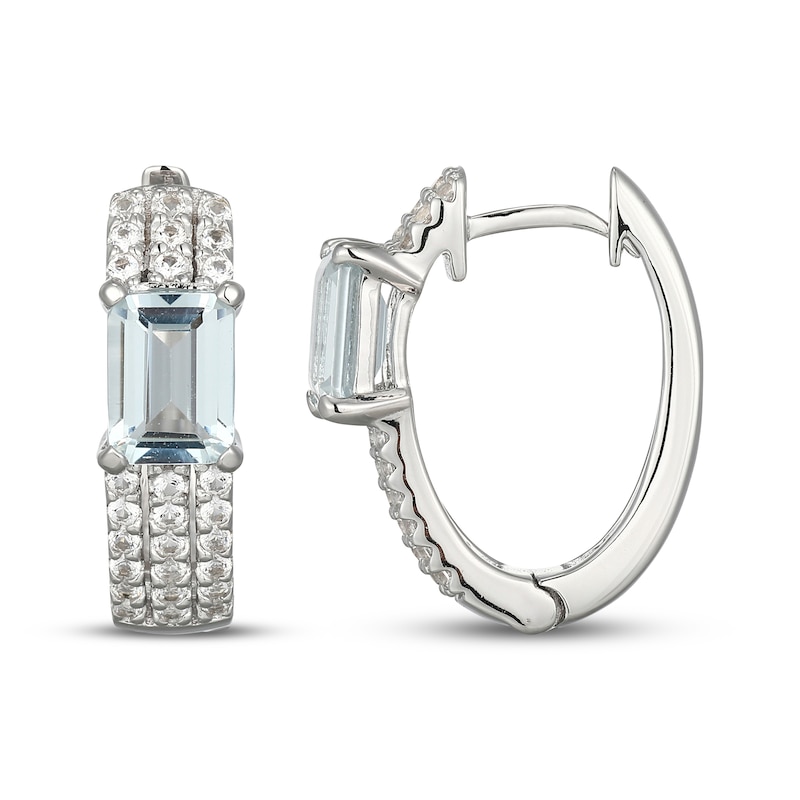 Main Image 3 of Emerald-Cut Aquamarine & White Lab-Created Sapphire Huggie Hoop Earrings Sterling Silver
