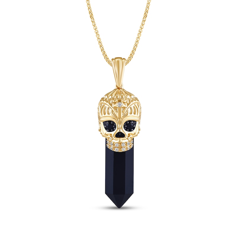 Main Image 1 of Black Onyx & Diamond Skull Necklace 1/6 ct tw 10K Yellow Gold 22"
