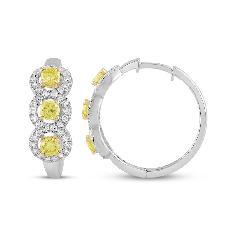 Main Image 3 of Yellow & White Lab-Grown Diamond Halo Hoop Earrings 1-1/2 ct tw 10K Two-Tone Gold