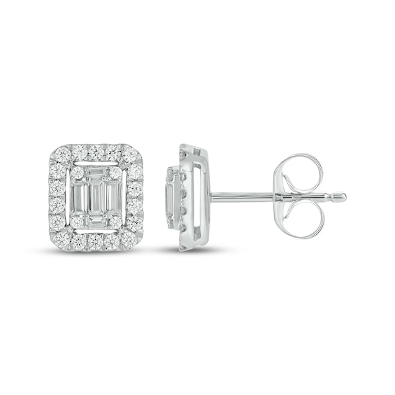 Baguette & Round-Cut Multi-Diamond Rectangle Stud Earrings 1/2 ct tw 10K White Gold