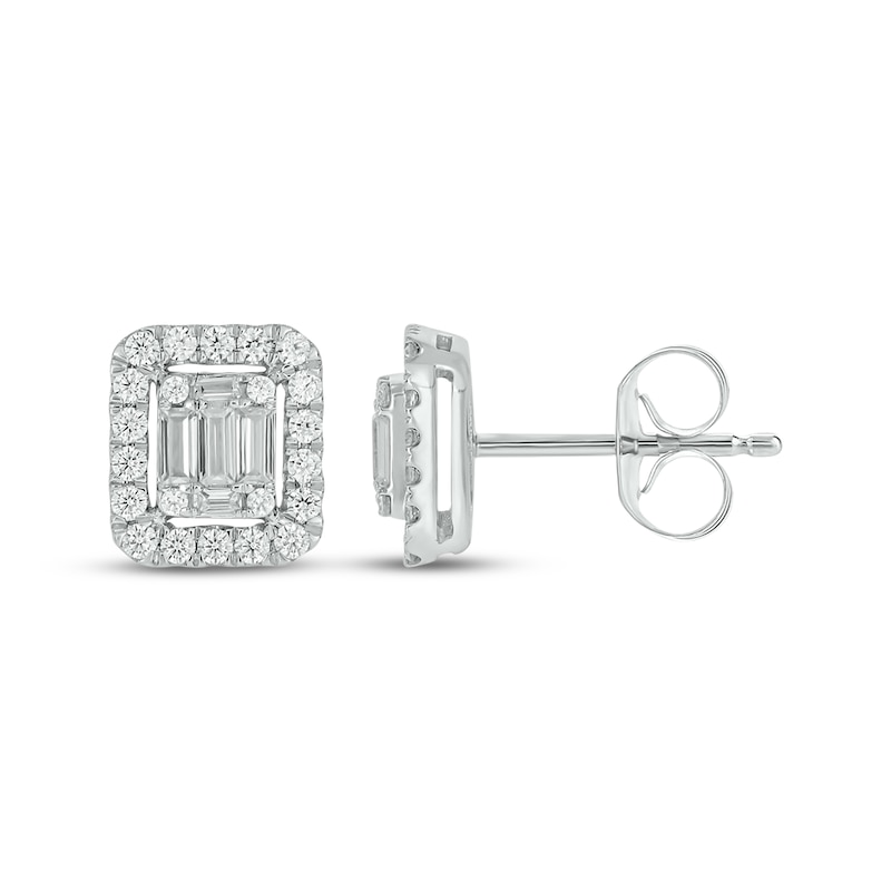 Main Image 1 of Baguette & Round-Cut Multi-Diamond Rectangle Stud Earrings 1/2 ct tw 10K White Gold