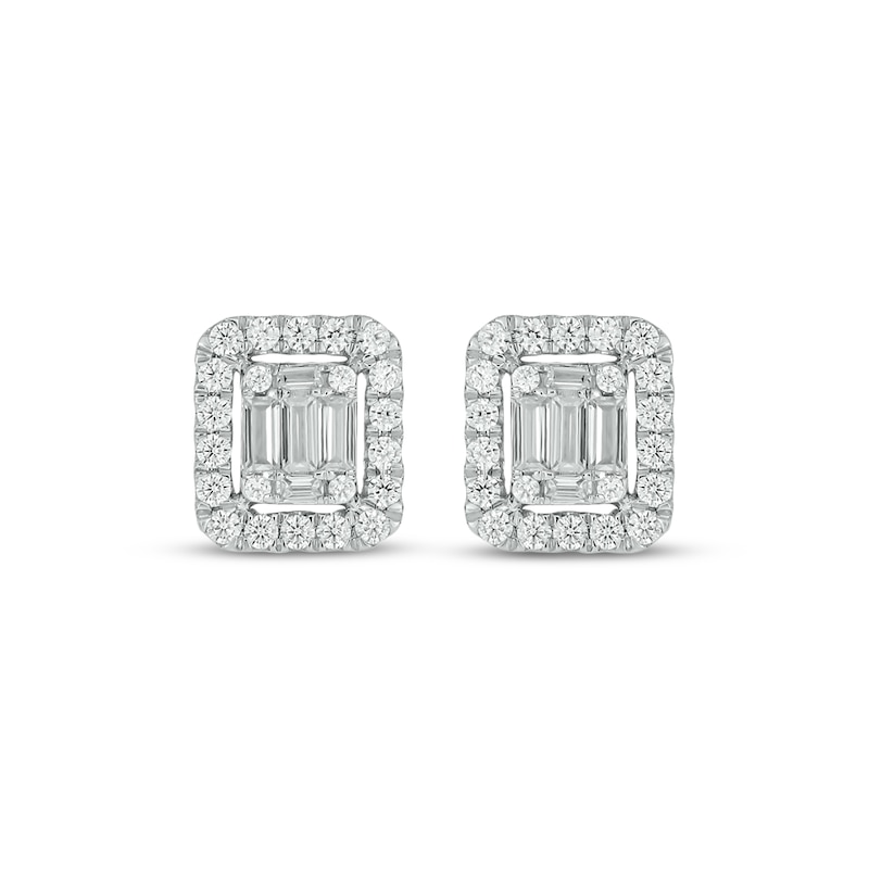 Main Image 2 of Baguette & Round-Cut Multi-Diamond Rectangle Stud Earrings 1/2 ct tw 10K White Gold