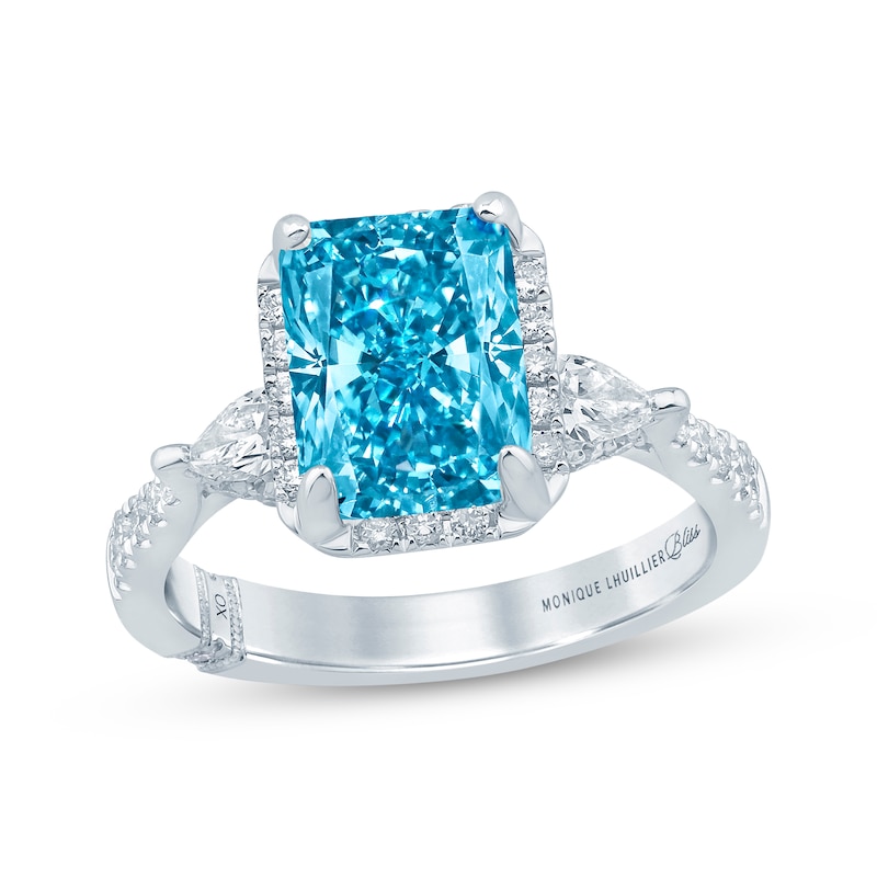 Main Image 1 of Monique Lhuillier Bliss Radiant-Cut Blue & White Lab-Grown Diamond Engagement Ring 2-3/4 ct tw 18K White Gold