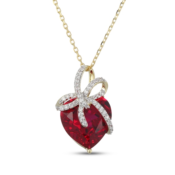 Heart-Shaped Ruby & Diamond Bow Necklace 1/5 ct tw 10K Yellow Gold 18"