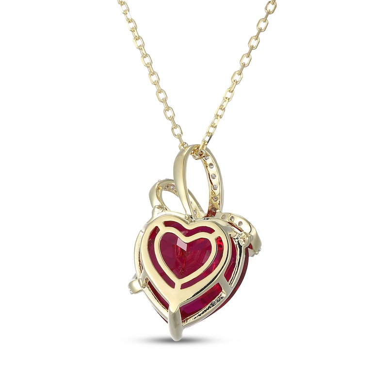 Main Image 3 of Heart-Shaped Ruby & Diamond Bow Necklace 1/5 ct tw 10K Yellow Gold 18"