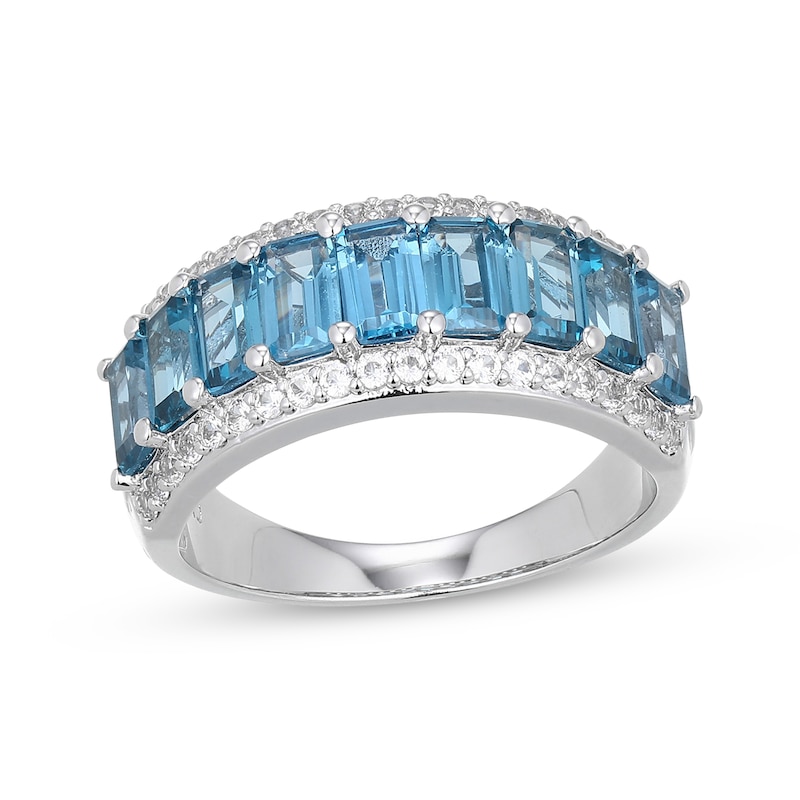 Main Image 1 of Emerald-Cut London Blue Topaz & White Lab-Created Sapphire Nine-Stone Ring Sterling Silver