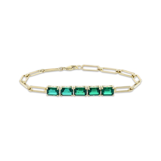 Emerald-Cut Lab-Created Emerald & Paperclip Chain Bracelet 10K Yellow Gold 7.25"
