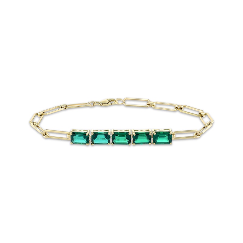 Main Image 1 of Emerald-Cut Lab-Created Emerald & Paperclip Chain Bracelet 10K Yellow Gold 7.25"