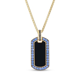 Le Vian Men's Blue Sapphire, Black Onyx & Black Diamond Accent Dog Tag Necklace 14K Honey Gold 22"