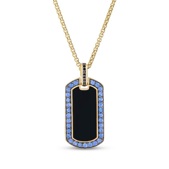 Le Vian Men's Blue Sapphire, Black Onyx & Black Diamond Accent Dog Tag Necklace 14K Honey Gold 22"