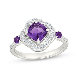 Cushion-Cut Amethyst & White Lab-Created Sapphire Swirl Halo Ring Sterling Silver
