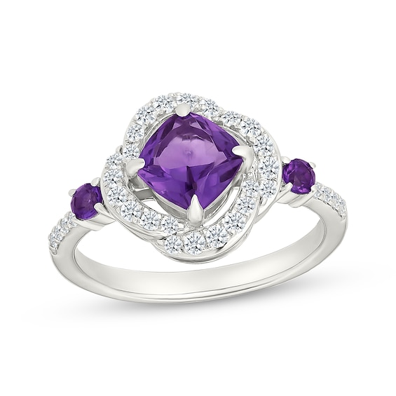 Cushion-Cut Amethyst & White Lab-Created Sapphire Swirl Halo Ring Sterling Silver