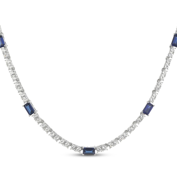 Emerald-Cut Blue Lab-Created Sapphire & White Lab-Created Sapphire Station Necklace Sterling Silver 18"